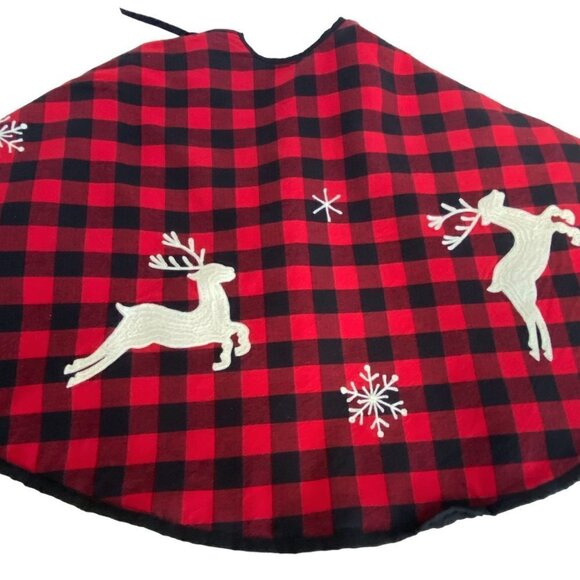 Buffalo Check Treeskirt Rustic Holiday Decor Reindeer Snowflakes - Picture 1 of 10